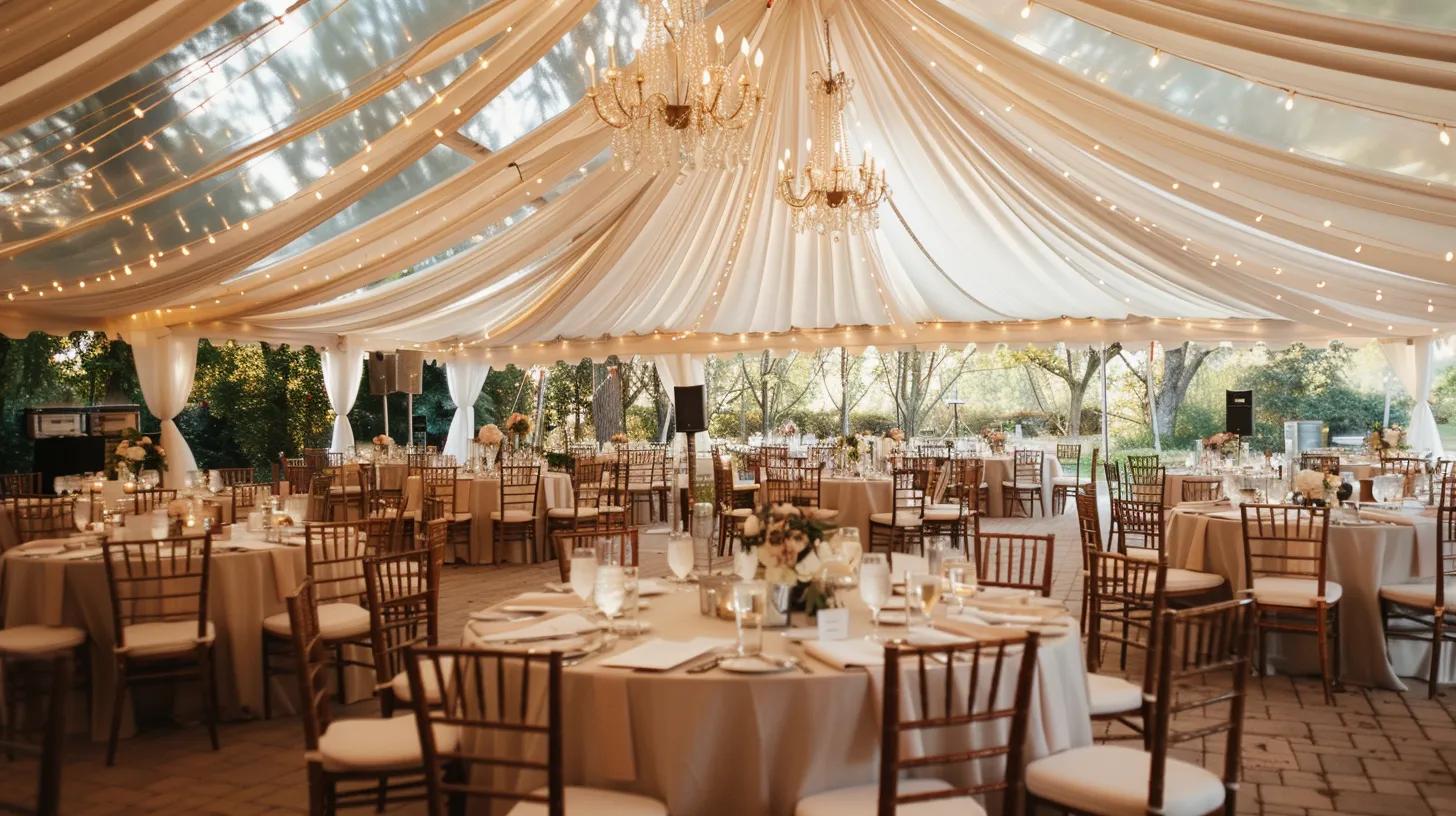Wedding with tent, lighting, chairs, tables and linen in summer