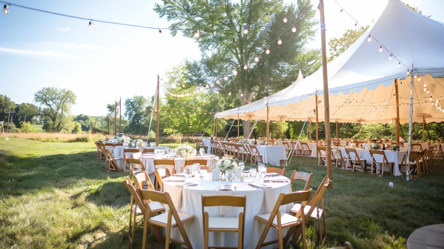 Wedding tent setup during the day, lighting, chairs, tables and linen in summer