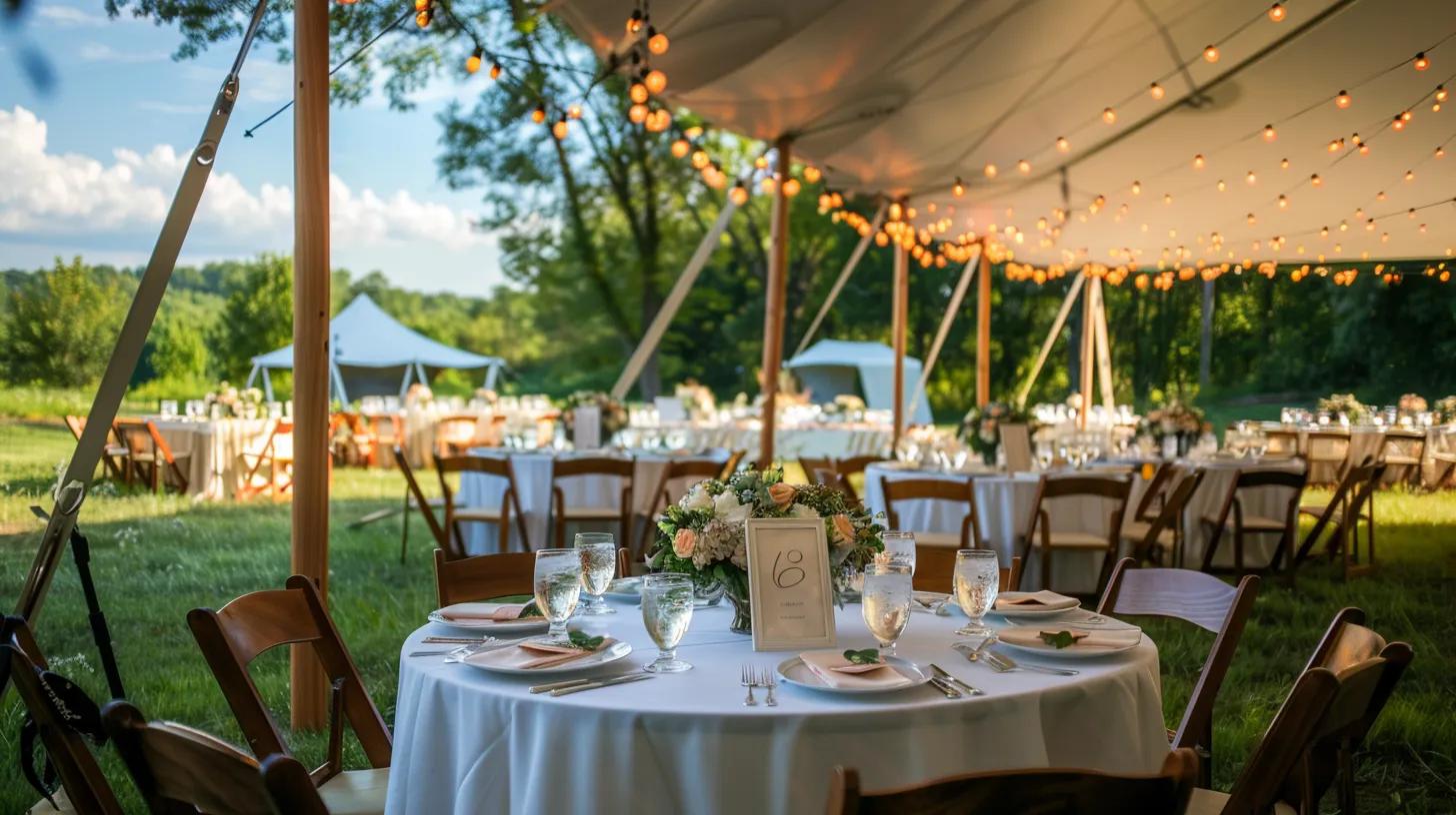 Wedding tent setup during the day, lighting, chairs, tables and linen in summer
