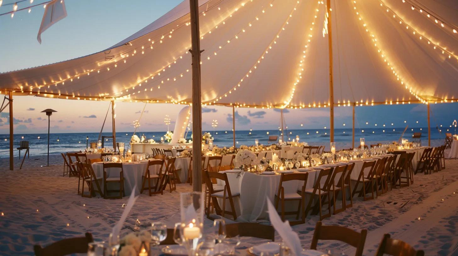 Beach Wedding tent, lighting, chairs, tables and linen in summer