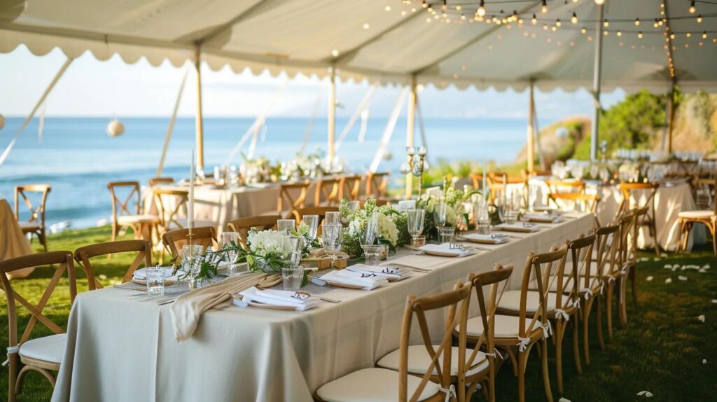 Beach Wedding tent, lighting, chairs, tables and linen in summer