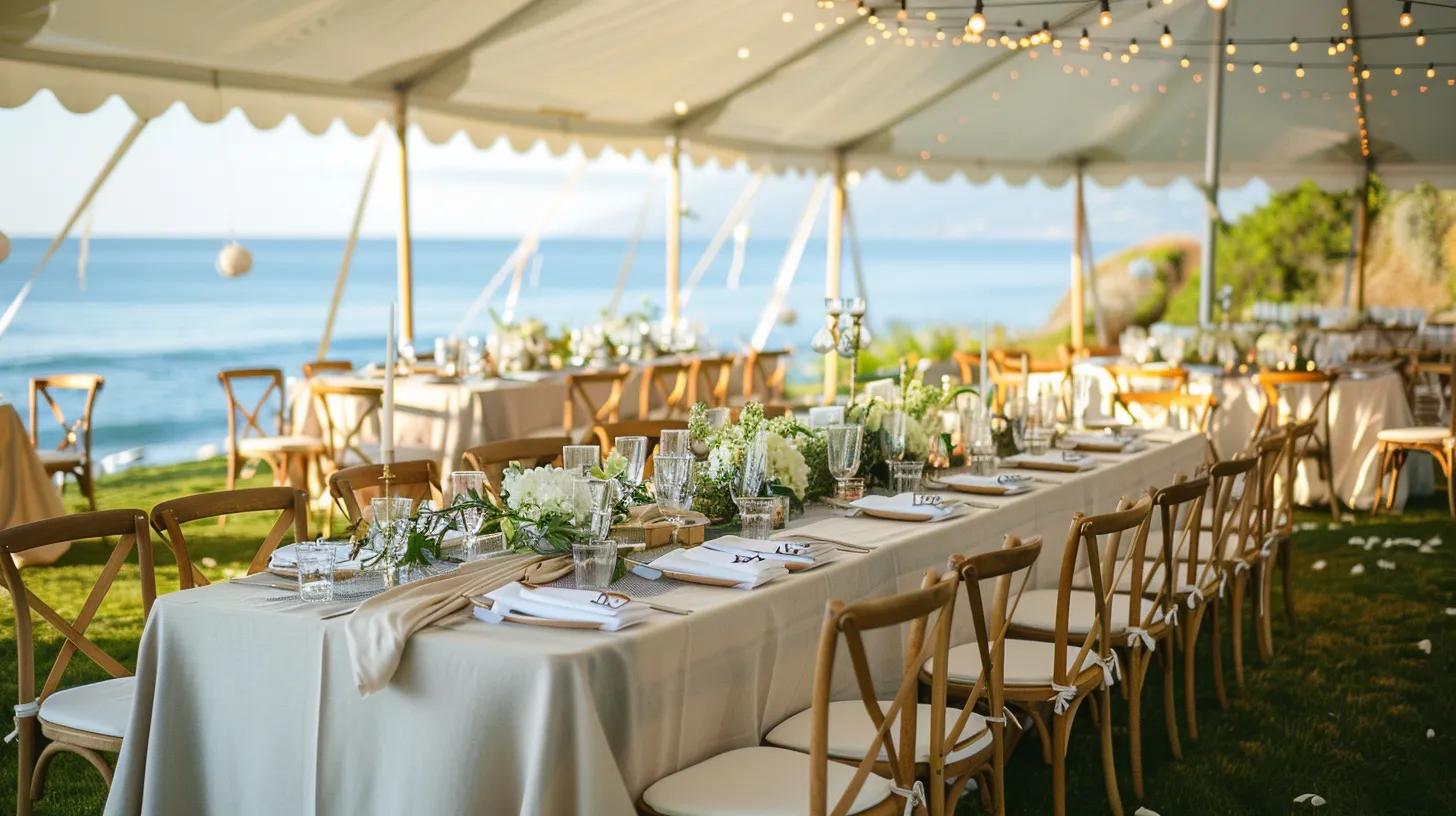Beach Wedding tent, lighting, chairs, tables and linen in summer
