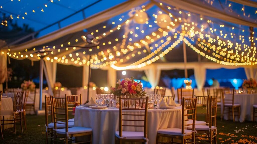 outdoor wedding tent setup, nighttime, lighting, tables and chairs, decor