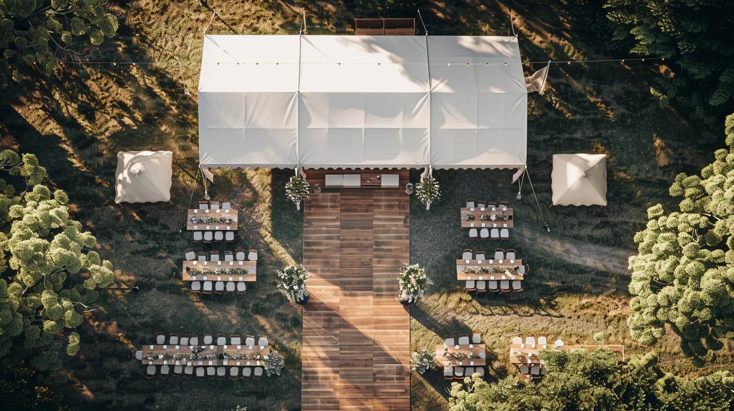 ariel view wedding tent layout, tables, chairs, dancefloor and bar