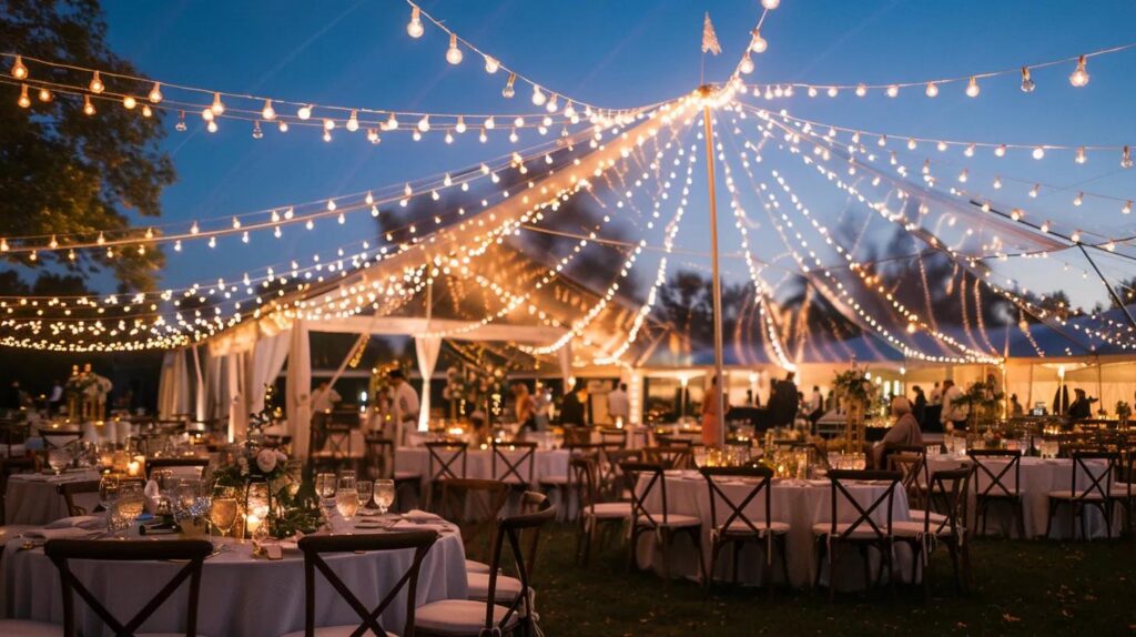 Wedding with tent, lighting, tables and chairs