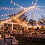 Wedding with tent, lighting, tables and chairs