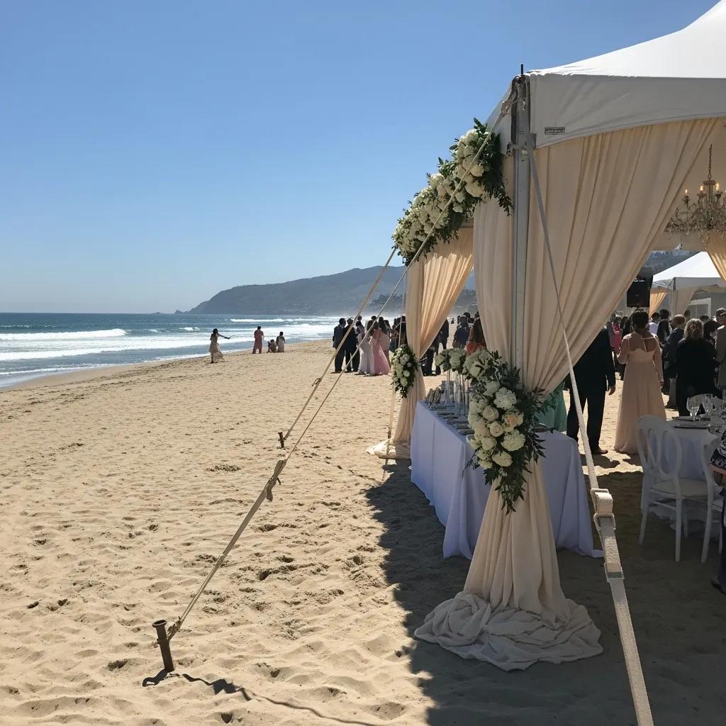 Beach wedding tent setup in Santa Barbara with ocean views