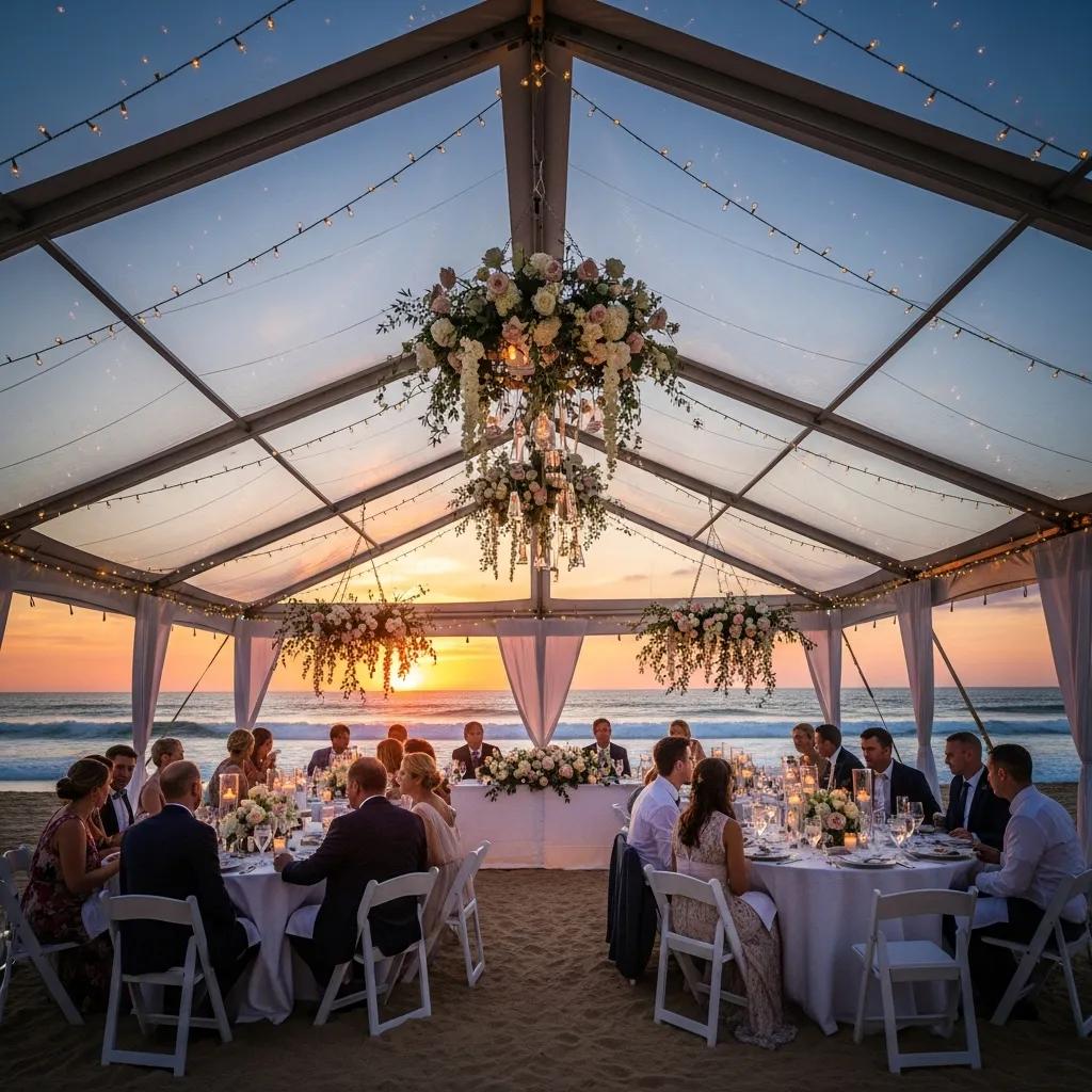 Clear-top wedding tent on the beach with sunset view and elegant decor