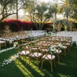 Elegant outdoor wedding chairs in a garden setting, showcasing popular rental options for Santa Barbara weddings