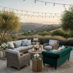 Elegant outdoor wedding lounge furniture rentals in Santa Barbara, featuring stylish sofas and a beautiful backdrop