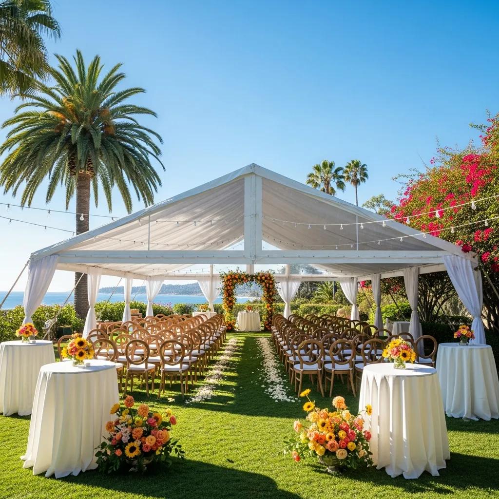 Outdoor summer wedding setup in Santa Barbara with elegant tent and stylish seating