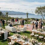 Outdoor wedding reception layout in Santa Barbara with tables, chairs, and dance floor