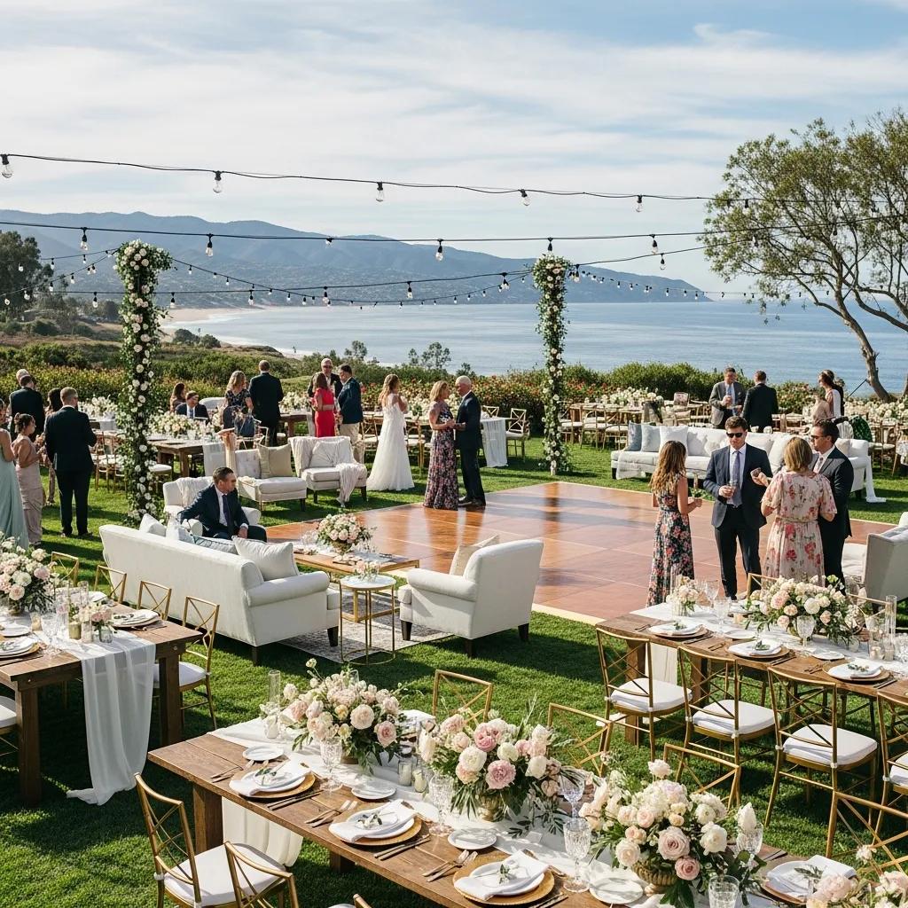 Outdoor wedding reception layout in Santa Barbara with tables, chairs, and dance floor