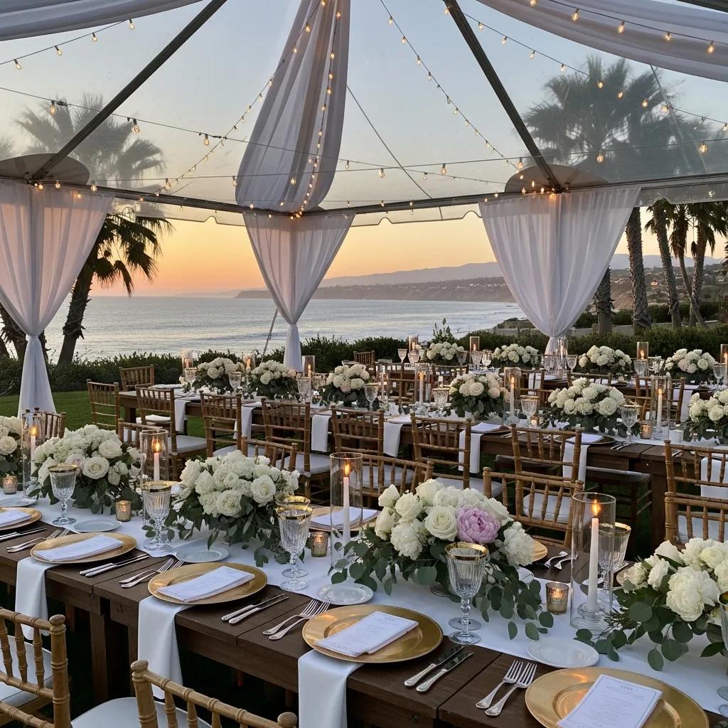 Outdoor wedding setup in Santa Barbara with elegant tables and tents