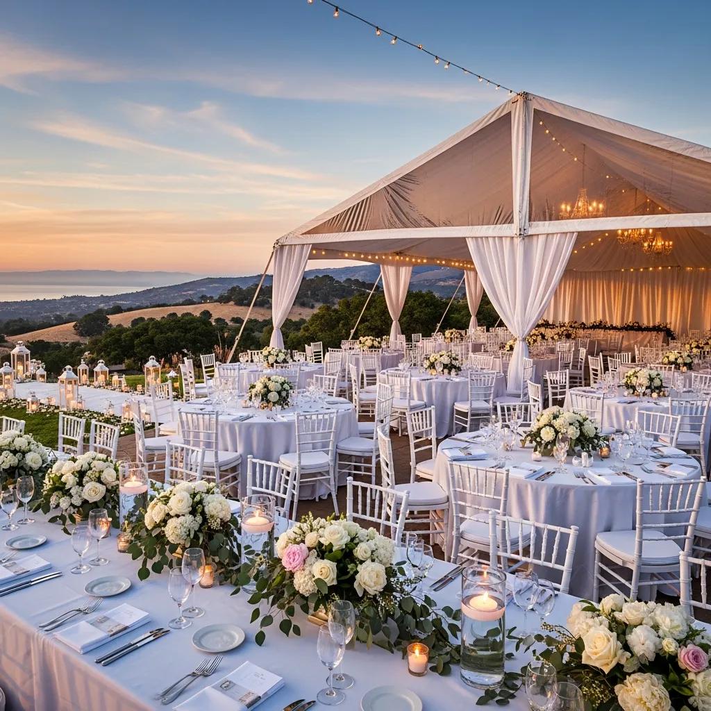 Outdoor wedding setup in Santa Barbara with elegant tent and tables