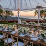 Outdoor wedding setup in Santa Barbara with tables, chairs, and tent