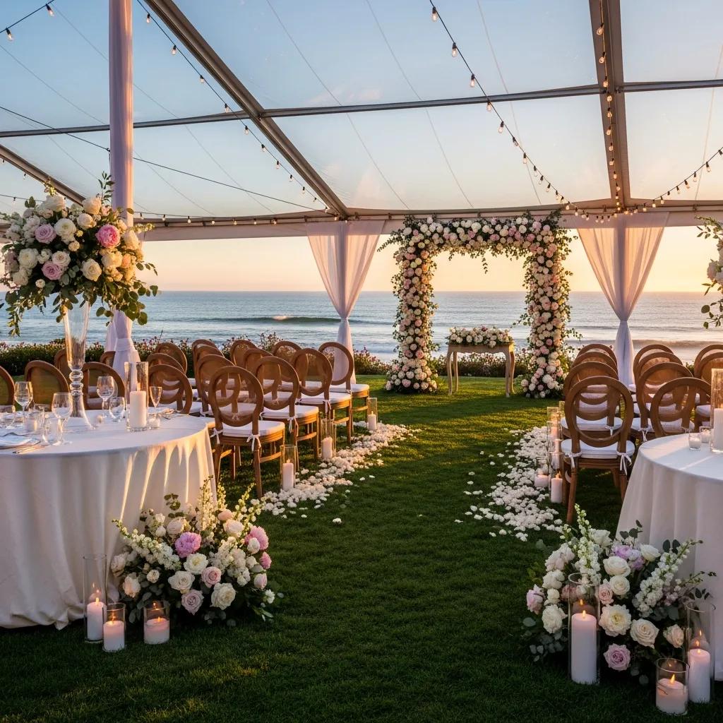 Outdoor wedding setup in Santa Barbara with tents and elegant décor