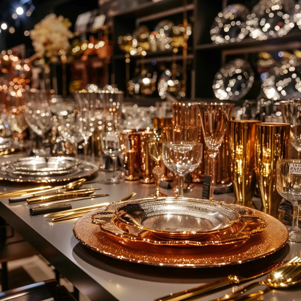 Showroom display of metallic table decor rentals including gold, silver, and copper options