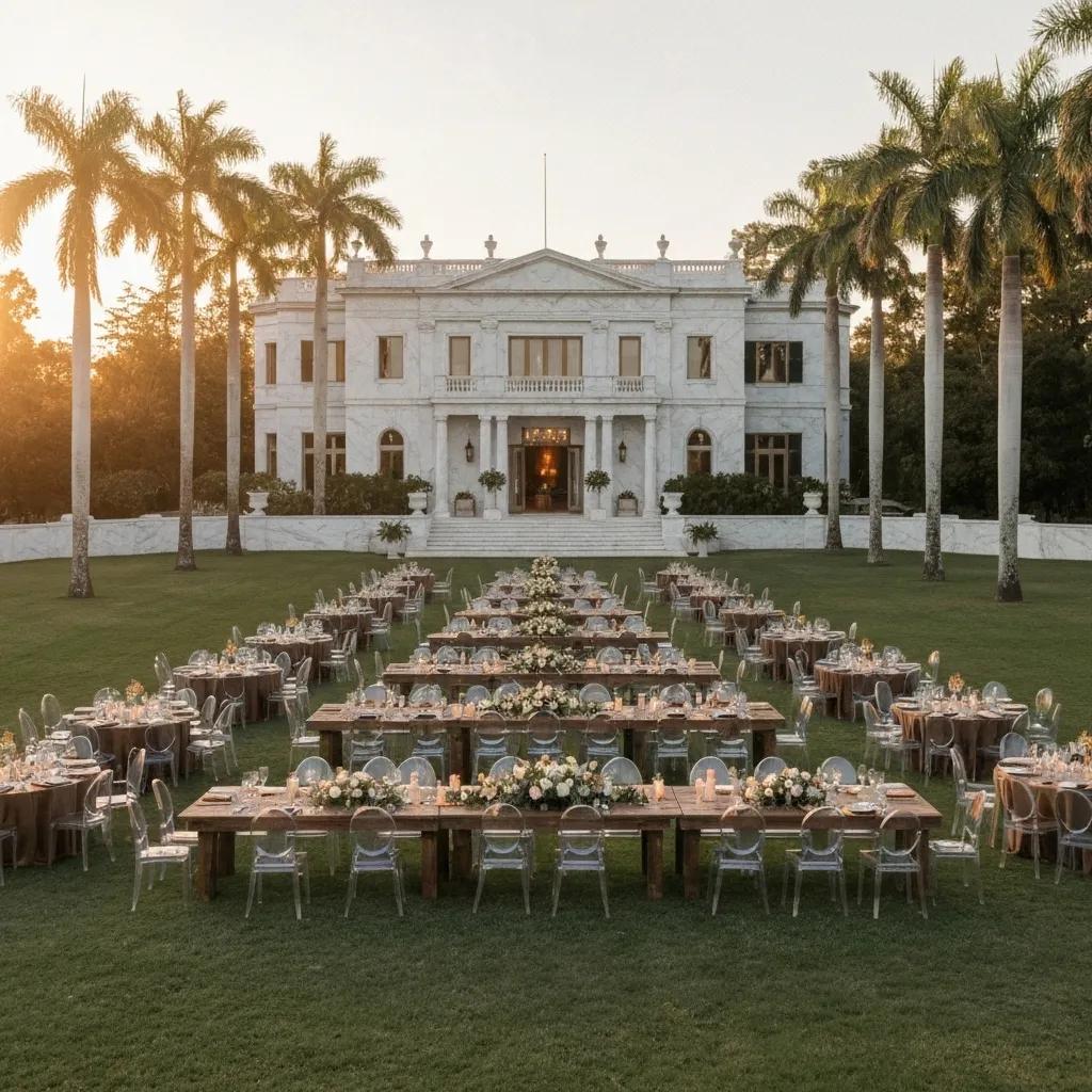 Combination of rustic tables and modern seating at a wedding, illustrating the benefits of texture contrast and versatile styling