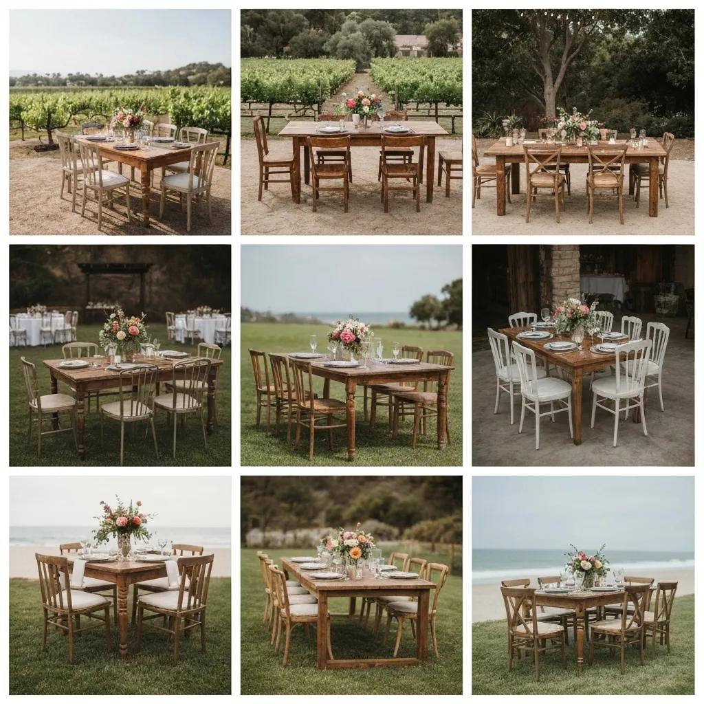 Inspiration from real Ventura weddings featuring rustic modern furniture pairings in diverse settings