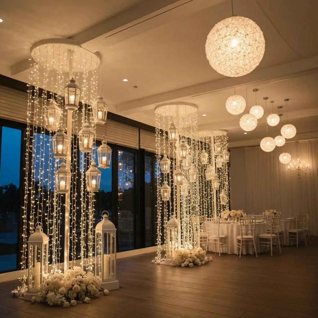 Romantic wedding ambiance created with clusters of lanterns, delicate fairy curtain lights, and ethereal floating orb pendants