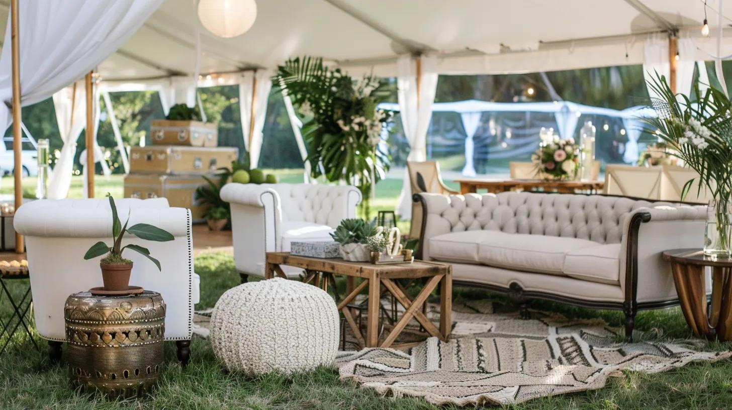 day wedding under tent, lounge area, decor, table, lighting