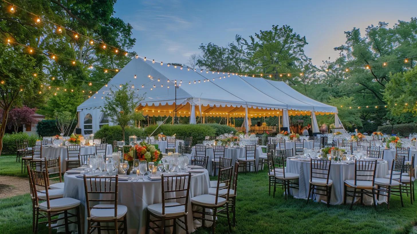 event with tent, lighting, chairs and tables, flowers, linens for summer