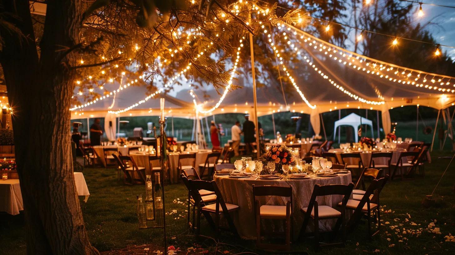 event with tent, lighting, chairs and tables, flowers, linens for summer