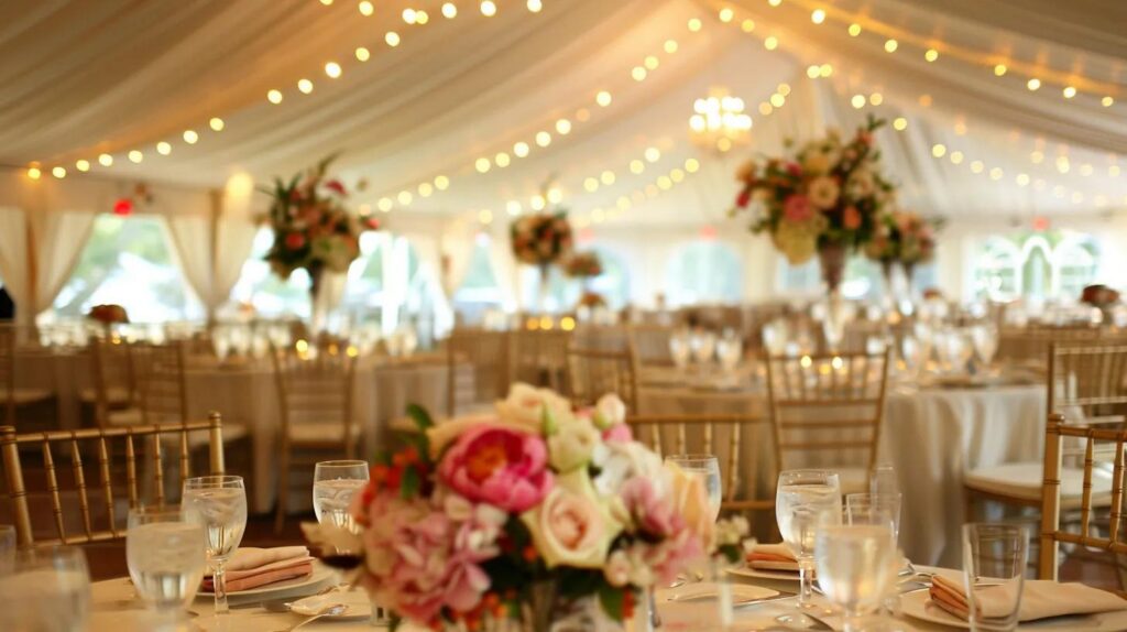 event with tent, lighting, chairs and tables, flowers, linens for summer