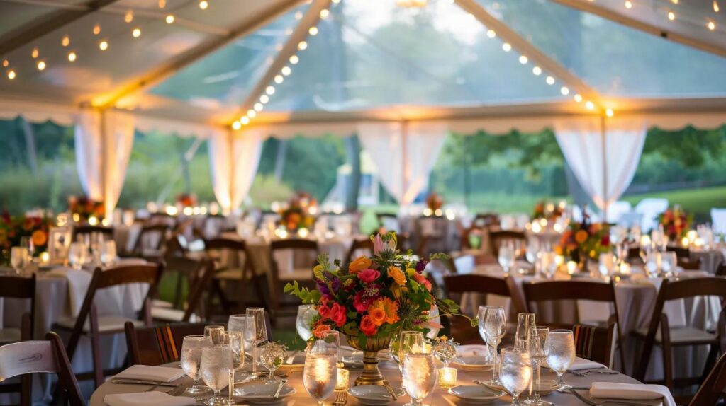 event with tent, lighting, chairs and tables, flowers, linens for summer