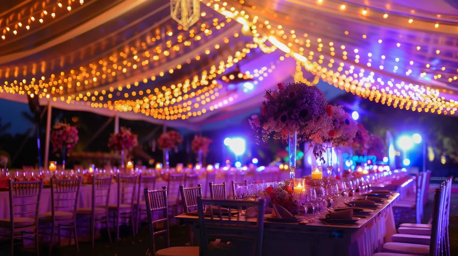event with tent, lighting, chairs and tables, flowers, linens for summer