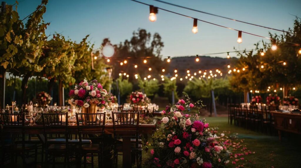 vineyard wedding, lighting, flowers