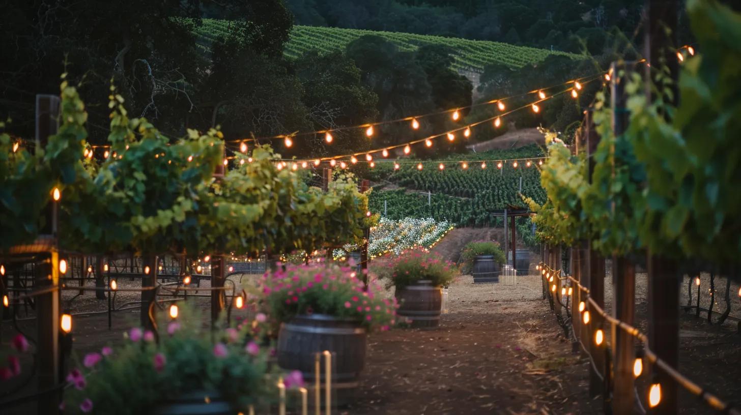 vineyard wedding, lighting, flowers