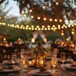 Outdoor wedding, lighting and flowers