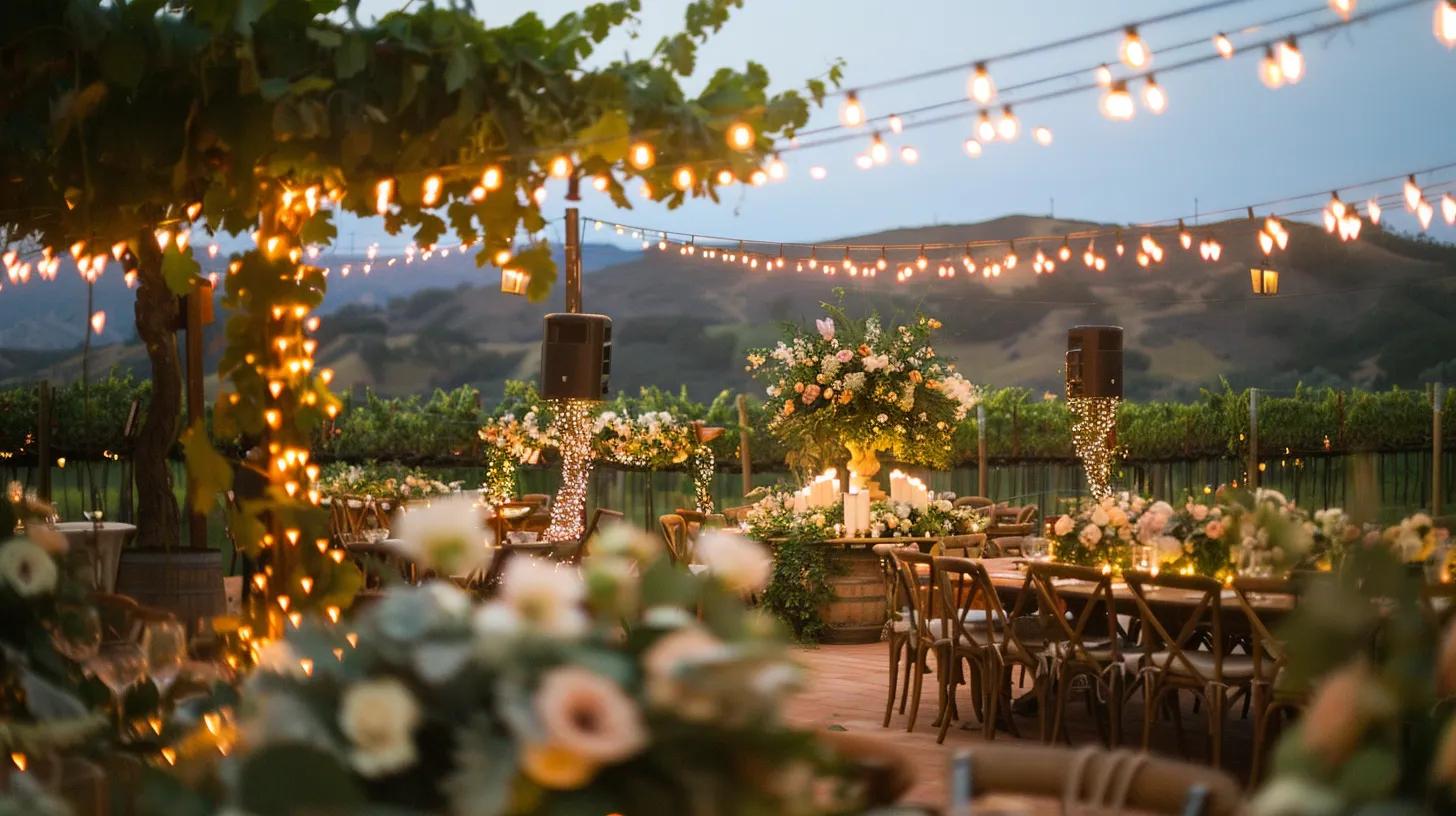 vineyard wedding, lighting and flowers