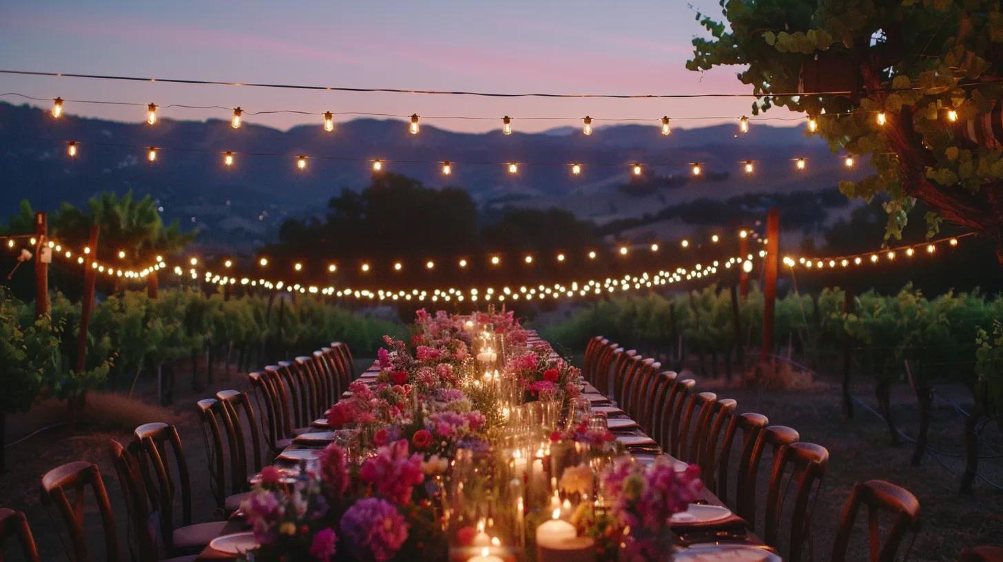 vineyard wedding, lighting and flowers