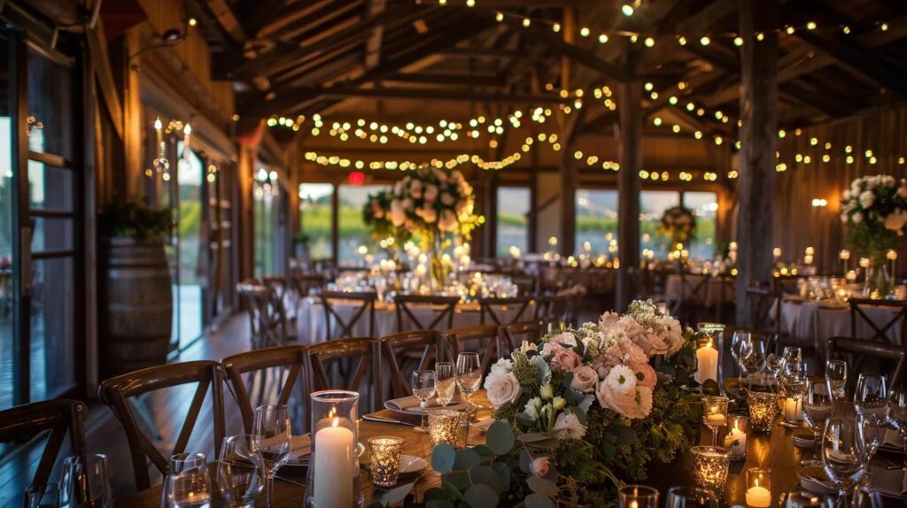 vineyard wedding, lighting and flowers
