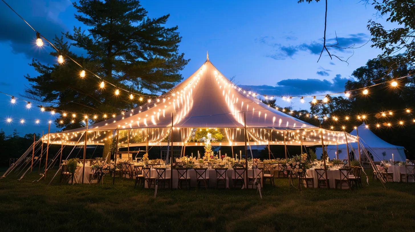 Outdoor wedding with tent, lighting, chairs and tables, flowers for summer