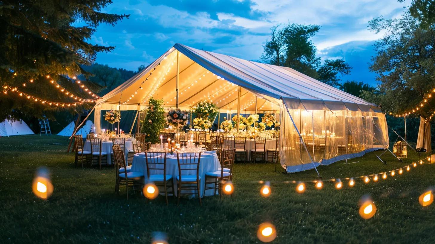 Outdoor wedding with tent, lighting, chairs and tables, flowers for summer