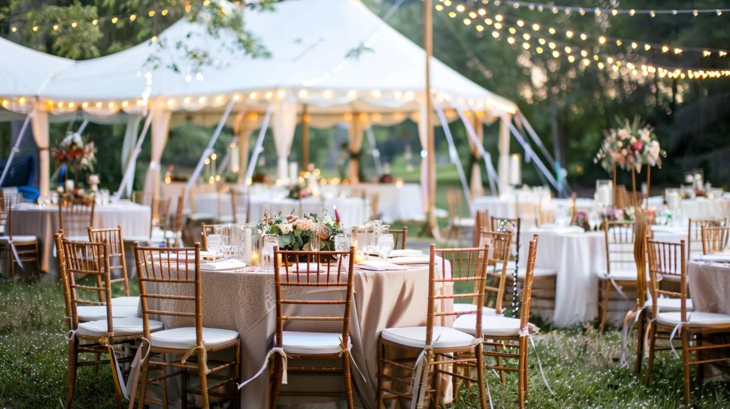 Outdoor wedding with tent, lighting, chairs and tables, flowers for summer