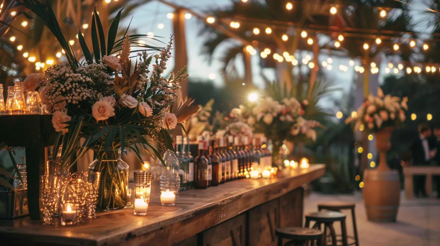 wedding bars, lighting, chairs and tables, flowers for summer