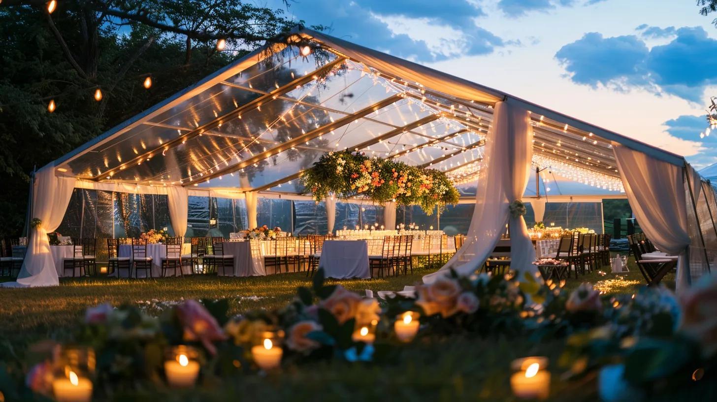 outdoor wedding with tent, lighting, chairs and tables, flowers for decor