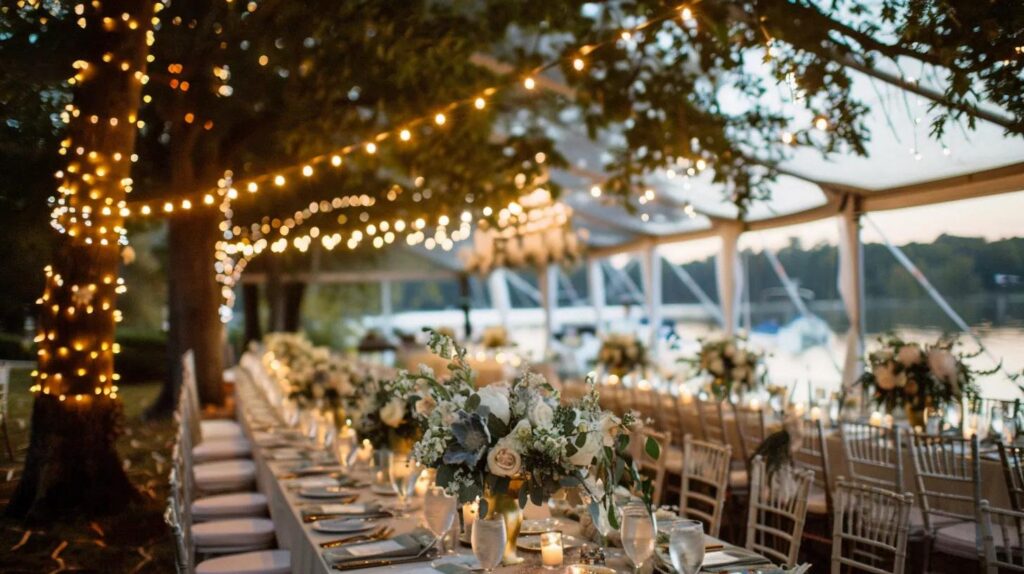 outdoor wedding with tent, lighting, chairs and tables, flowers for decor