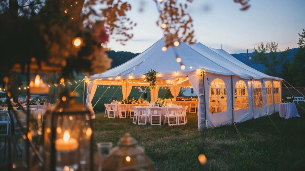 Outdoor wedding with tent, lighting, chairs and tables