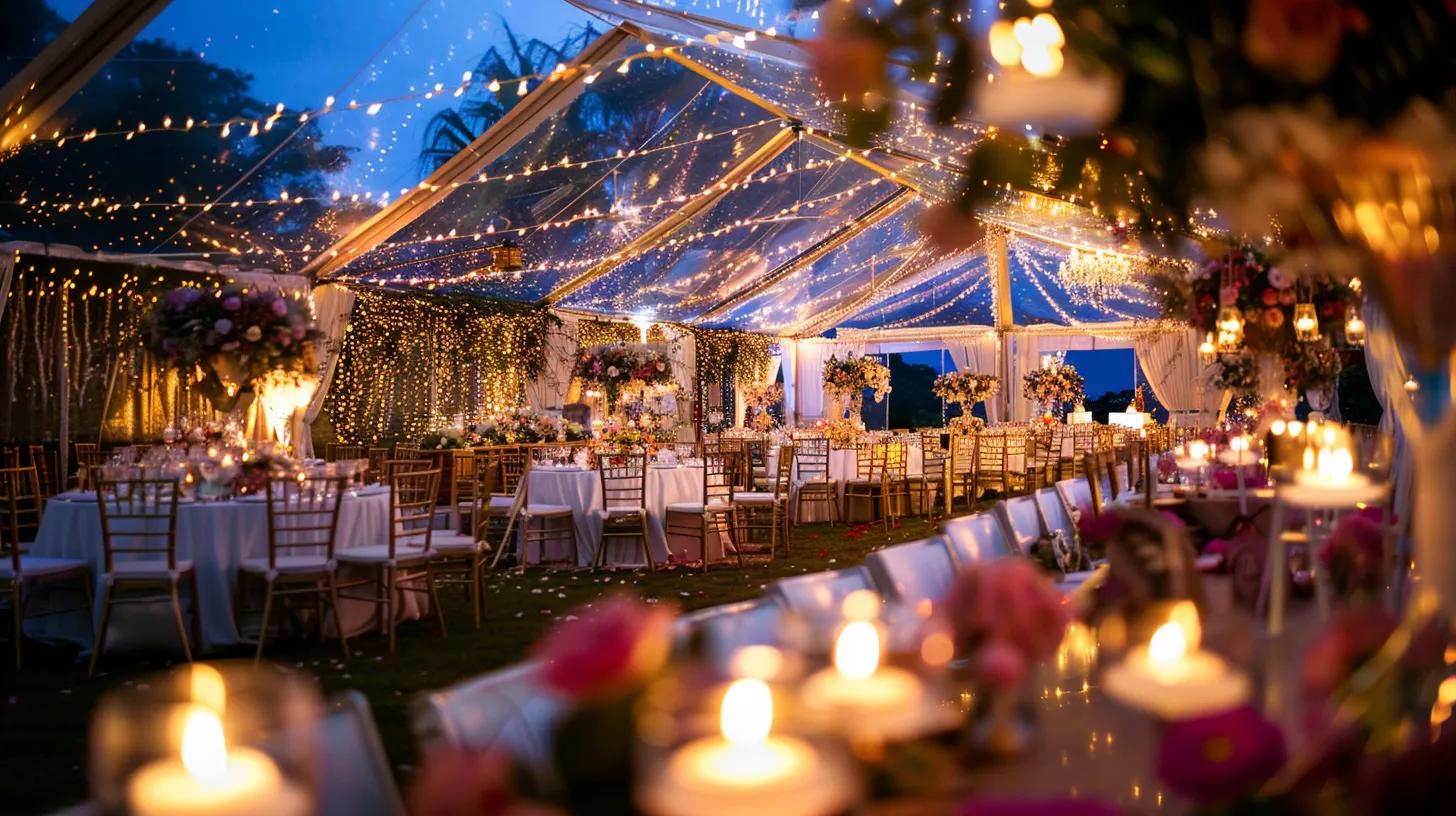 wedding with tent, lighting, chairs and tables, flowers for summer