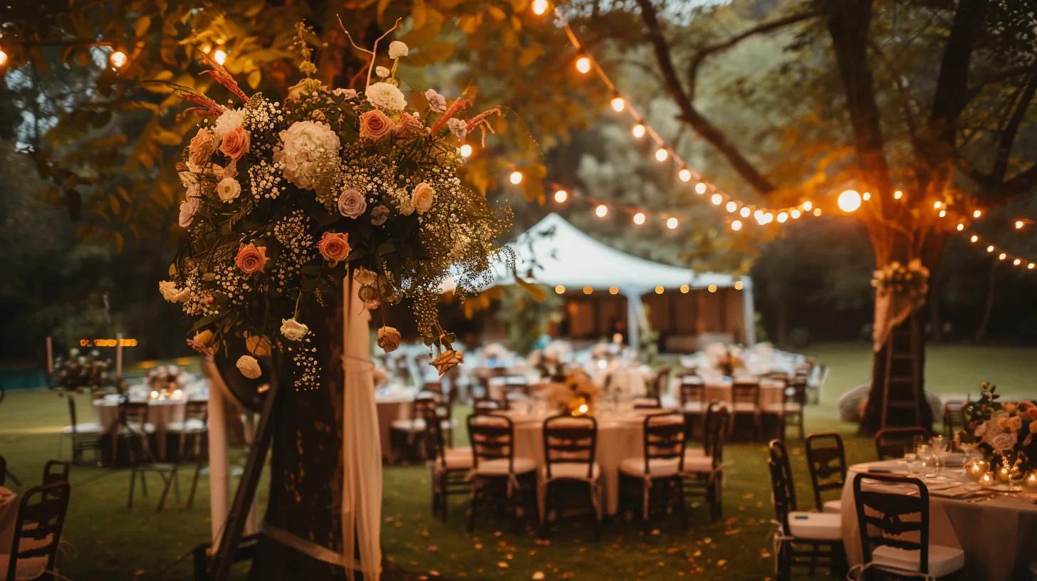 wedding with tent, lighting, chairs and tables, flowers for summer