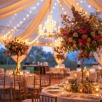 wedding with tent, lighting, chairs and tables, flowers for summer
