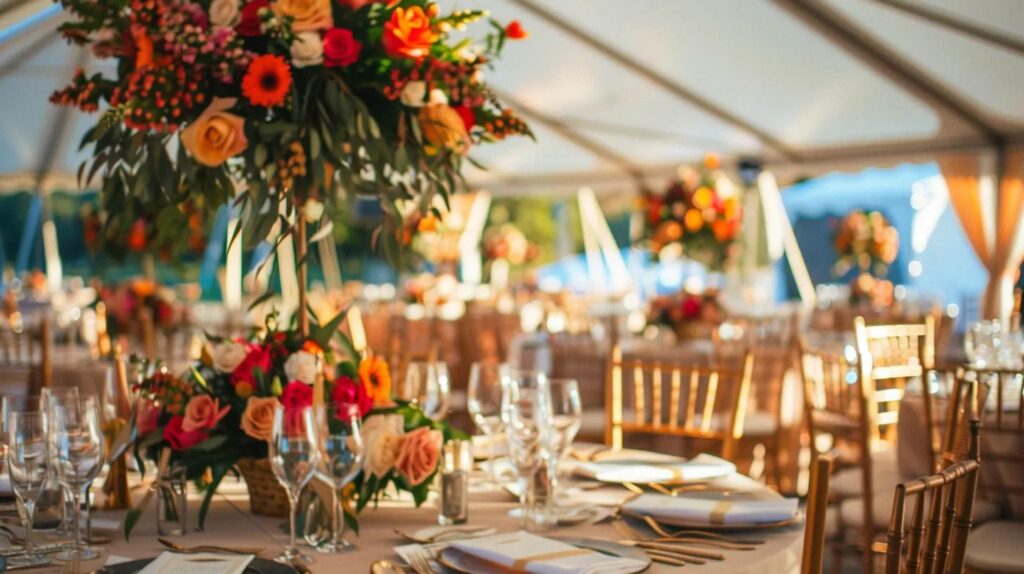 wedding with tent, lighting, chairs and tables, flowers for decor