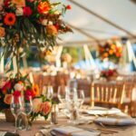 wedding with tent, lighting, chairs and tables, flowers for decor