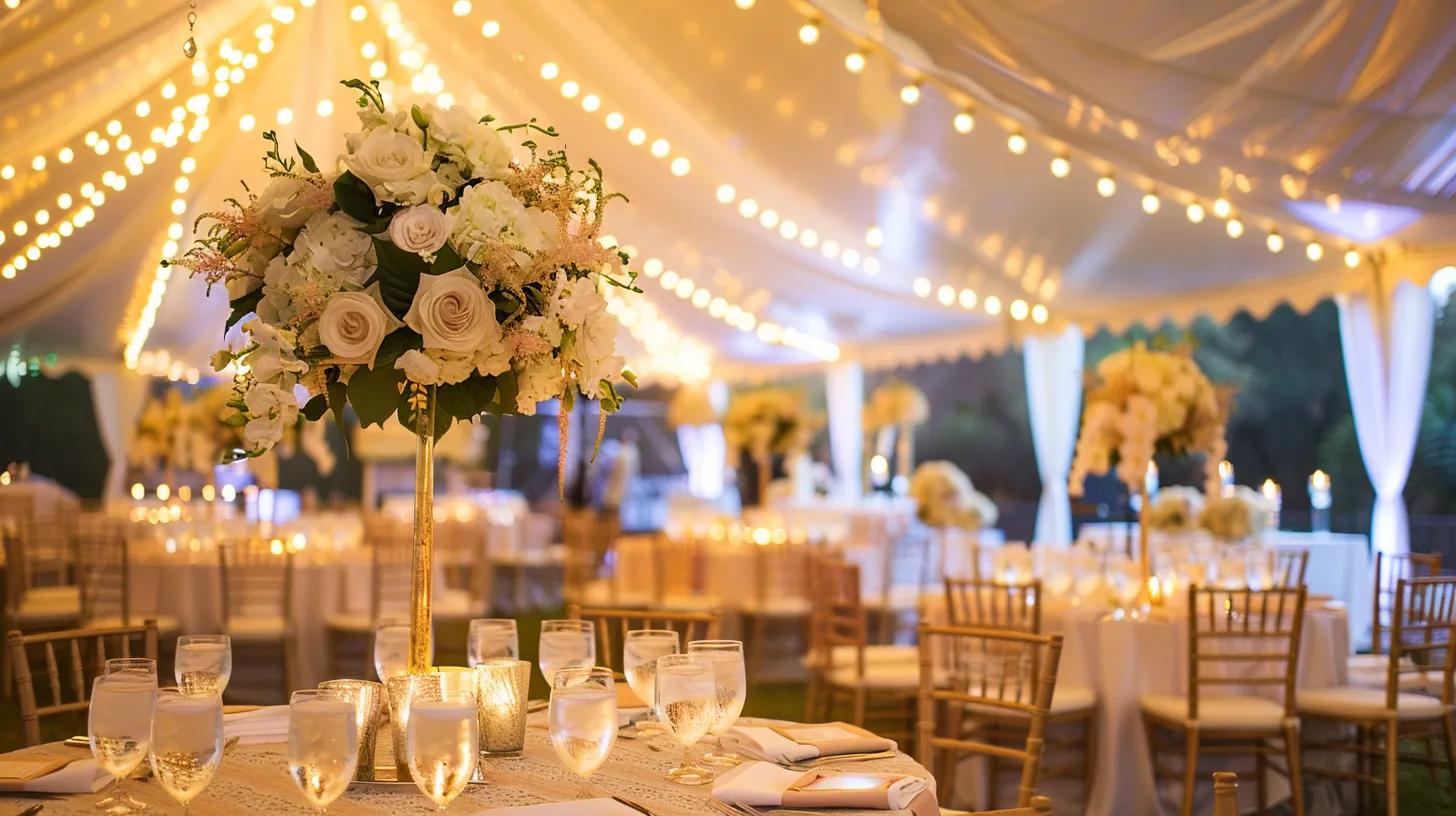 wedding with tent, lighting, chairs and tables, flowers for decor